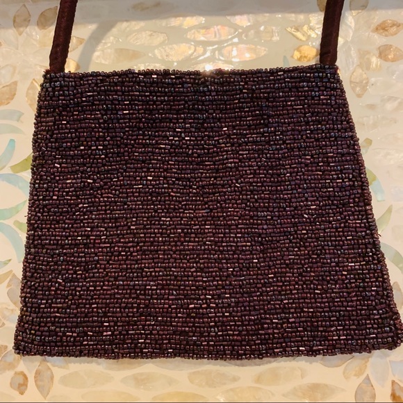 Beaded metallic plum evening bag with satin trim - Picture 3 of 4
